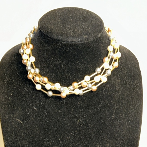 Vintage 80s Avon Floating Pearl Necklace 4 Strands Gold gray mauve cream 16" - Picture 7 of 12